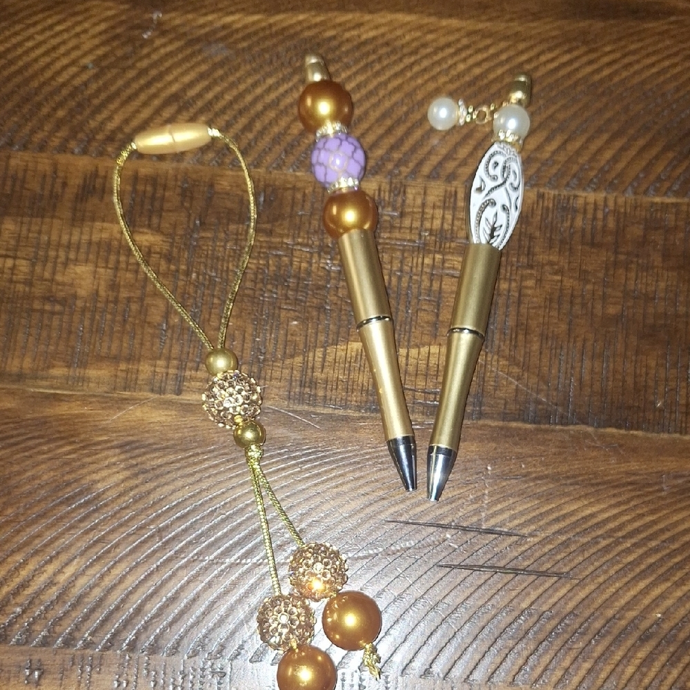 Gold and Pearl Beaded Pens with Rearview Mirror Charm